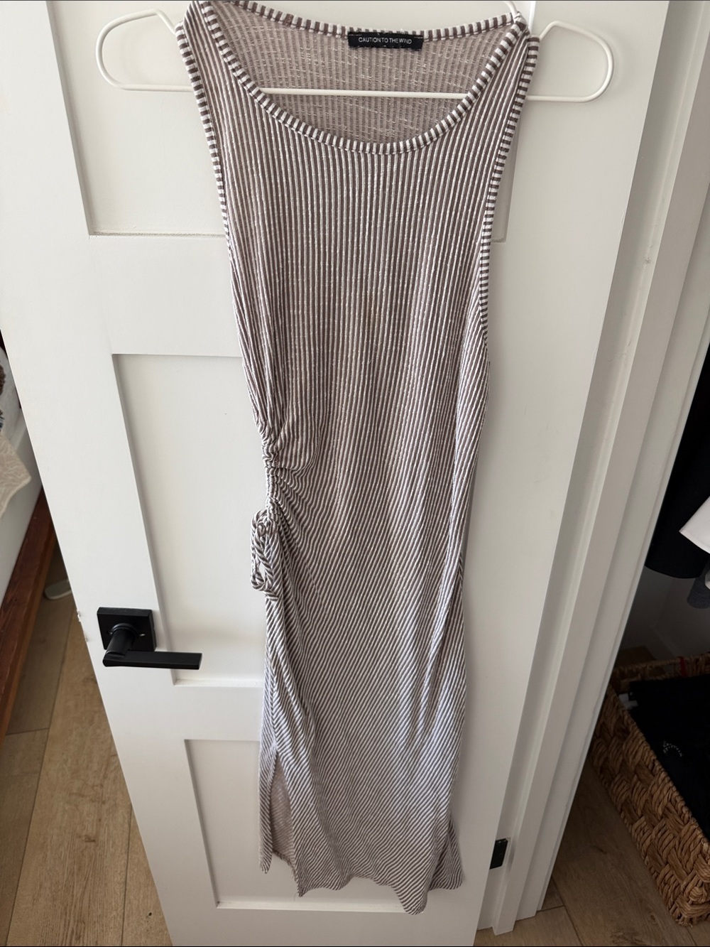 Caution To The Wind Taupe and White Striped Sleeveless Maxi Dress